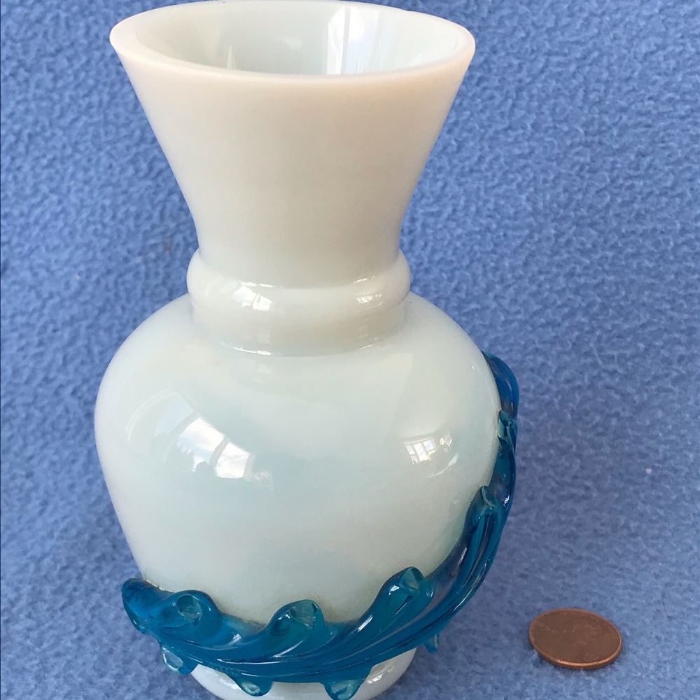 BLUE OPALINE Glass Vase w/ Applied Leaf Opalescent